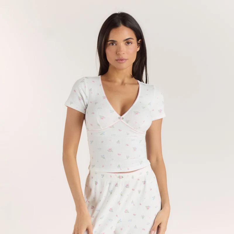 Haut de Pyjama Court Côtelé - Blanc Floral