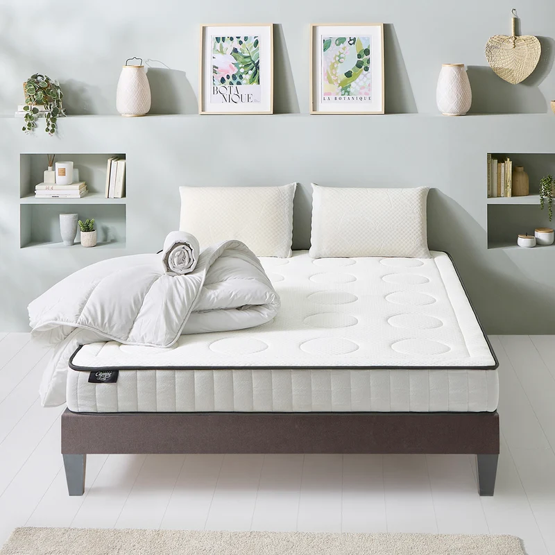 Pack prêt à dormir Cristal - Matelas + Sommier + Couette, oreillers, protège-matelas - 18 cm d'épaisseur