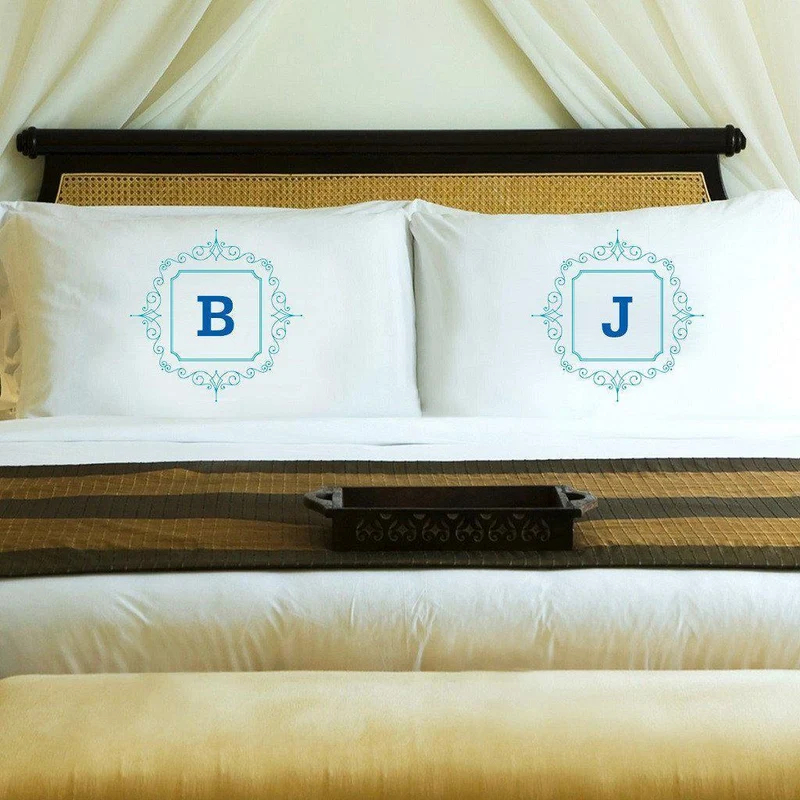 Initial Motif Couples' Personalized Pillowcases - Blue