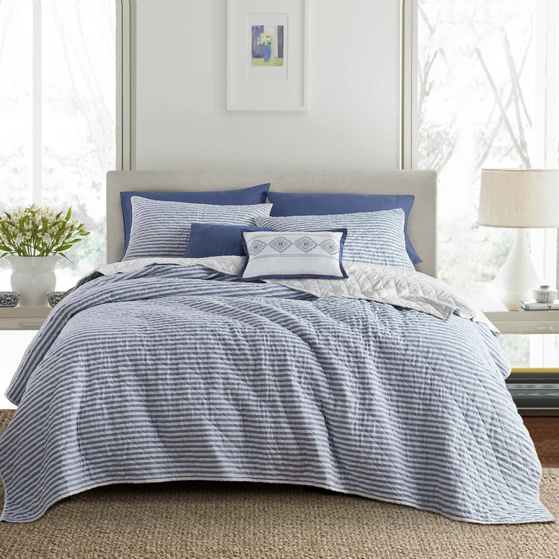 Wonderful Cotton Stripe Quilt Set — Lightweight 3-Piece Quilted Bedding, Classic Blue Stripes