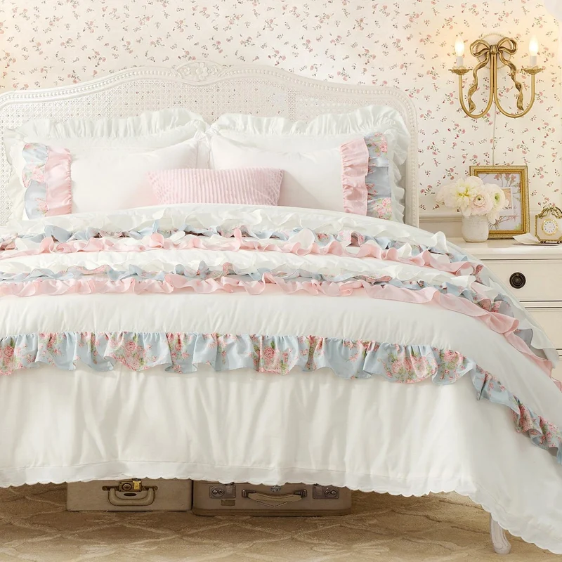 Wonderful® Shabby Chic 3-Piece Cotton Bedding: Floral Tiered Ruffle Comforter Set