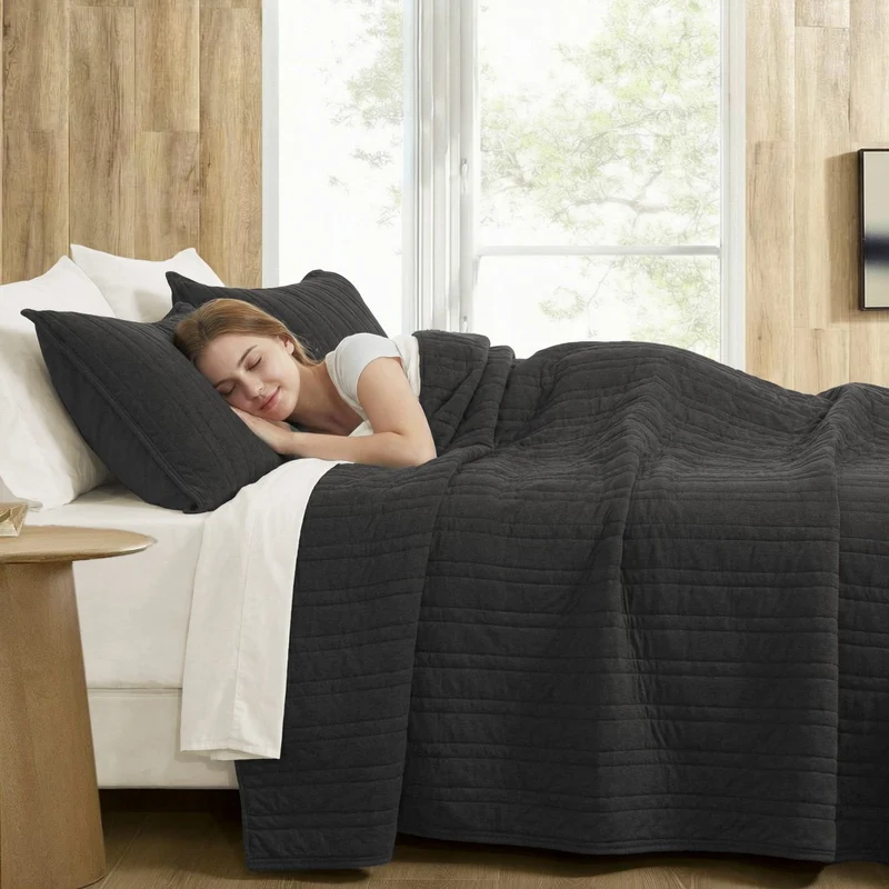 Wonderful® 100% Cotton Jersey Knit 3-Piece Quilt Set - Modern Channel Stitch, Zero Synthetics