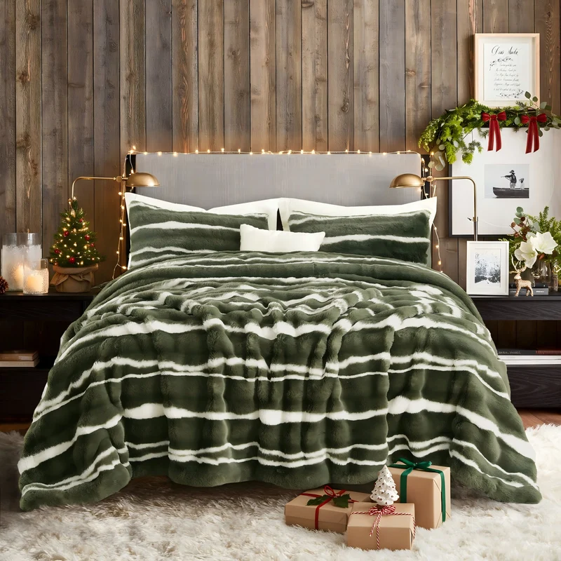 Wonderful Fluffy Faux Rabbit Fur Luxury 3-Piece Comforter Set, Tiger Print Plush Bedding