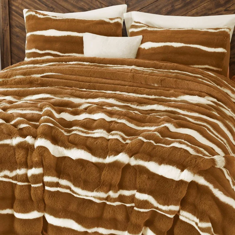 Wonderful Fluffy Faux Rabbit Fur Luxury 3-Piece Comforter Set, Tiger Print Plush Bedding