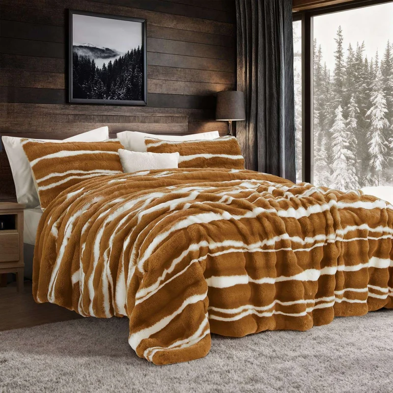 Wonderful Fluffy Faux Rabbit Fur Luxury 3-Piece Comforter Set, Tiger Print Plush Bedding