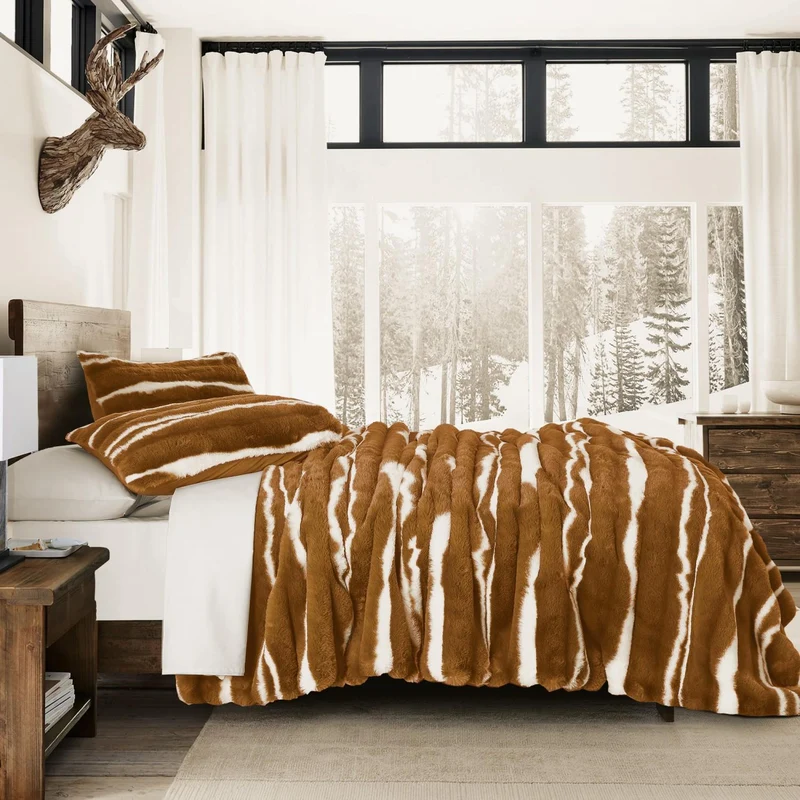 Wonderful Fluffy Faux Rabbit Fur Luxury 3-Piece Comforter Set, Tiger Print Plush Bedding