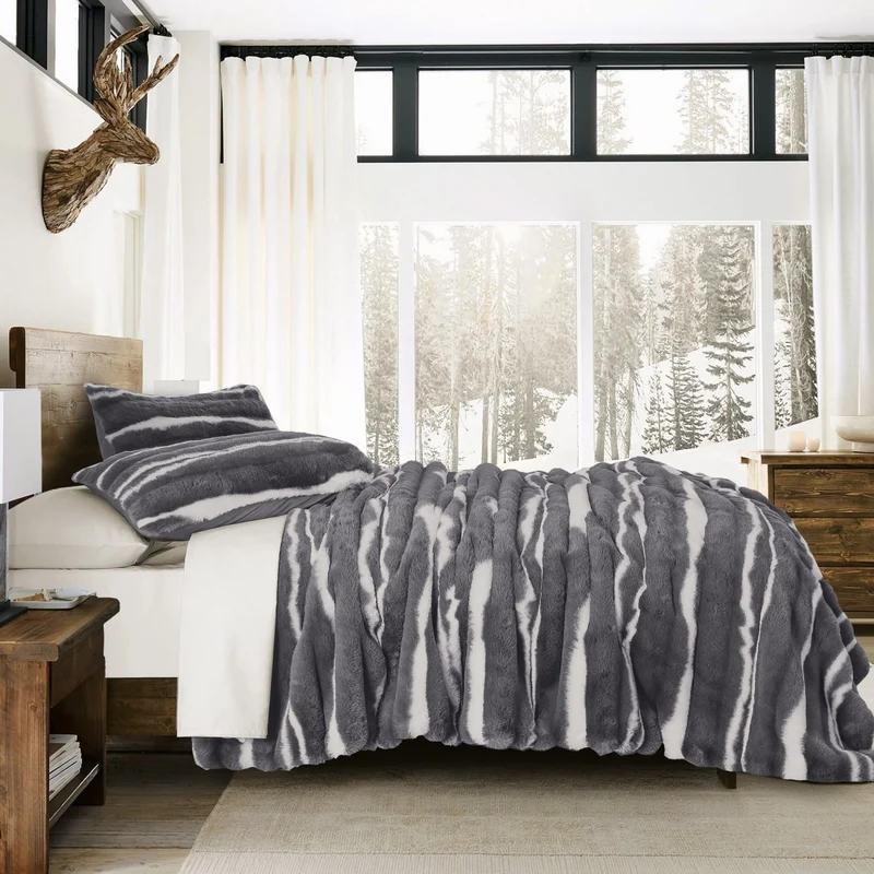 Wonderful Fluffy Faux Rabbit Fur Luxury 3-Piece Comforter Set, Tiger Print Plush Bedding