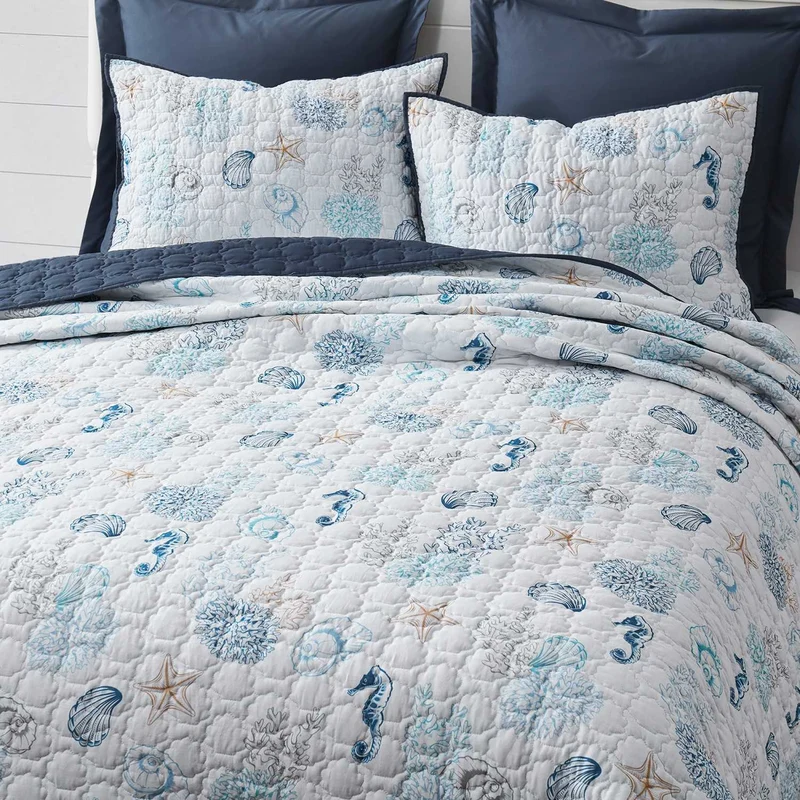 Wonderful Cotton Marine Life Print Shell Stitch Quilt Set - Ocean Lightweight Bedding