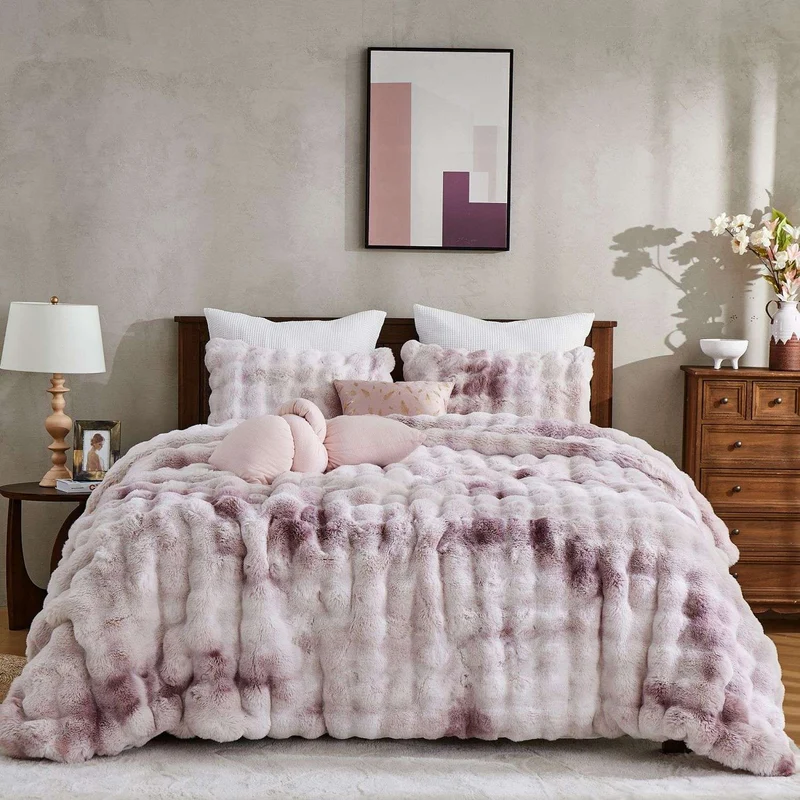 Wonderful® Ombre Cloud Faux Rabbit Fur Comforter Set - Tie-dye Lightweight Plush Winter Bedding