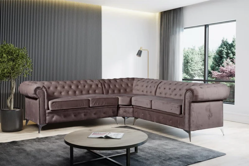 CANAPE D ANGLE CLOUTE TIFFANY VELOURS MOKA 263x263cm