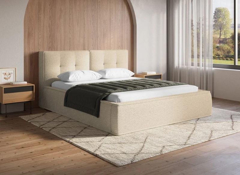 Lit coffre en tissu bouclette beige 180x200cm YUNA