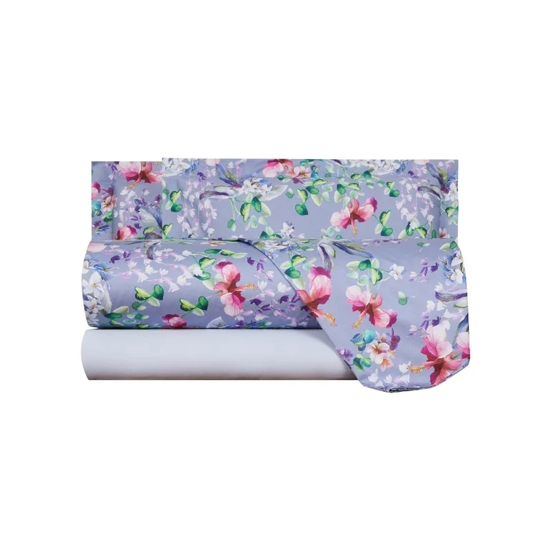 Completo Lenzuola plumbago Floreale in Raso di cotone