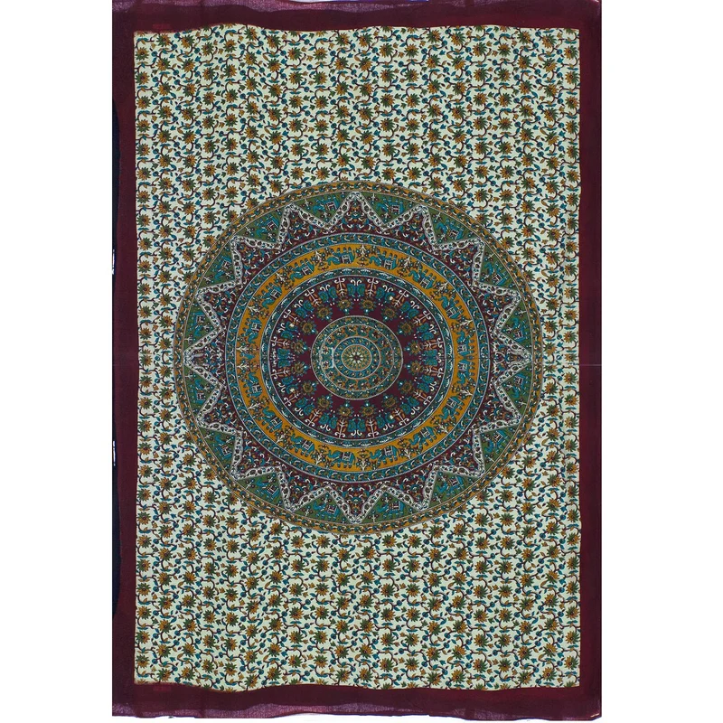 Couvre lit 100% coton, Mandala vert et bougogne