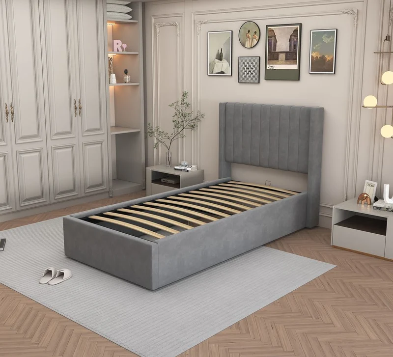 LIT COFFRE CAMILLE en velours gris90X190CM
