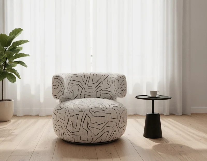 Fauteuil Pivotant en Chenille - Motif Abstrait Écru & Noir