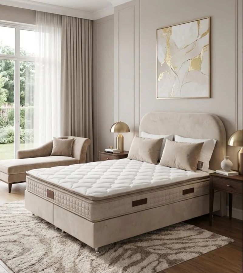 Pack Lit Coffre Jade Beige Velours Anti-Tâche + Matelas 30cm + Surmatelas Intégré + 2 Oreillers Offerts | 140x190 / 160x200 / 180x200