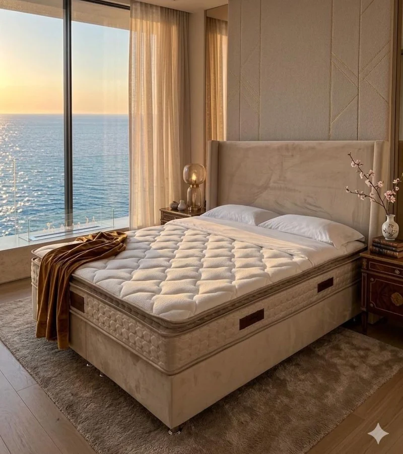 Pack Lit Coffre Coco Beige Velours Anti-Tâche + Matelas 30cm + Surmatelas Intégré + 2 Oreillers Offerts | 140x190 / 160x200 / 180x200