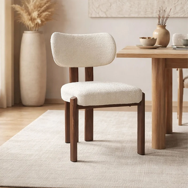Chaise Design Bouclette Blanche & Noyer – Tissu Chenille Bouclé