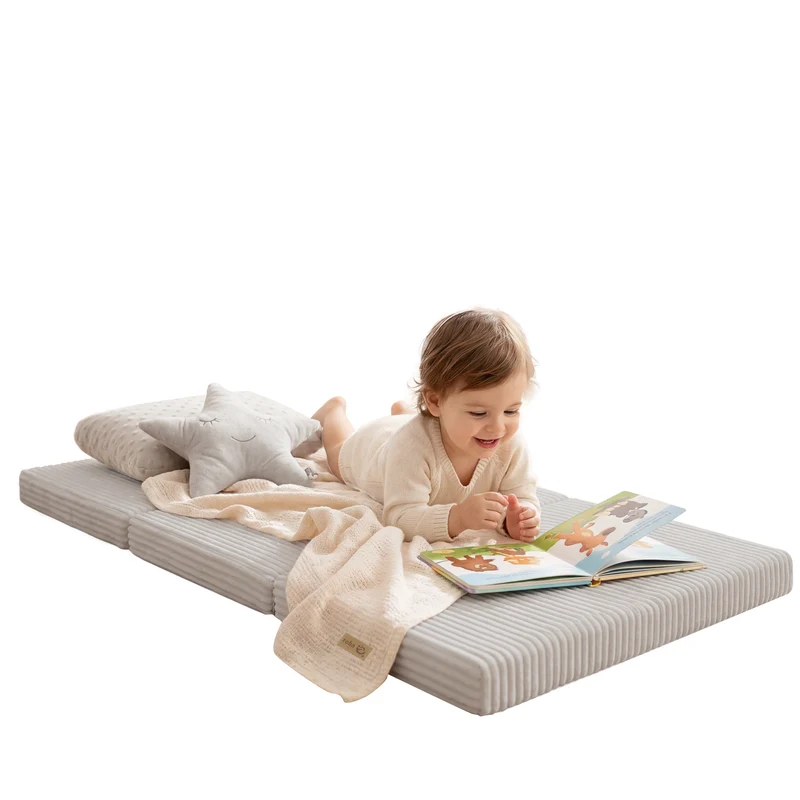 Reisebettmatratze 60 x 120 cm - 2-fach faltbar - Cord-Bezug abnehmbar & waschbar - Grau