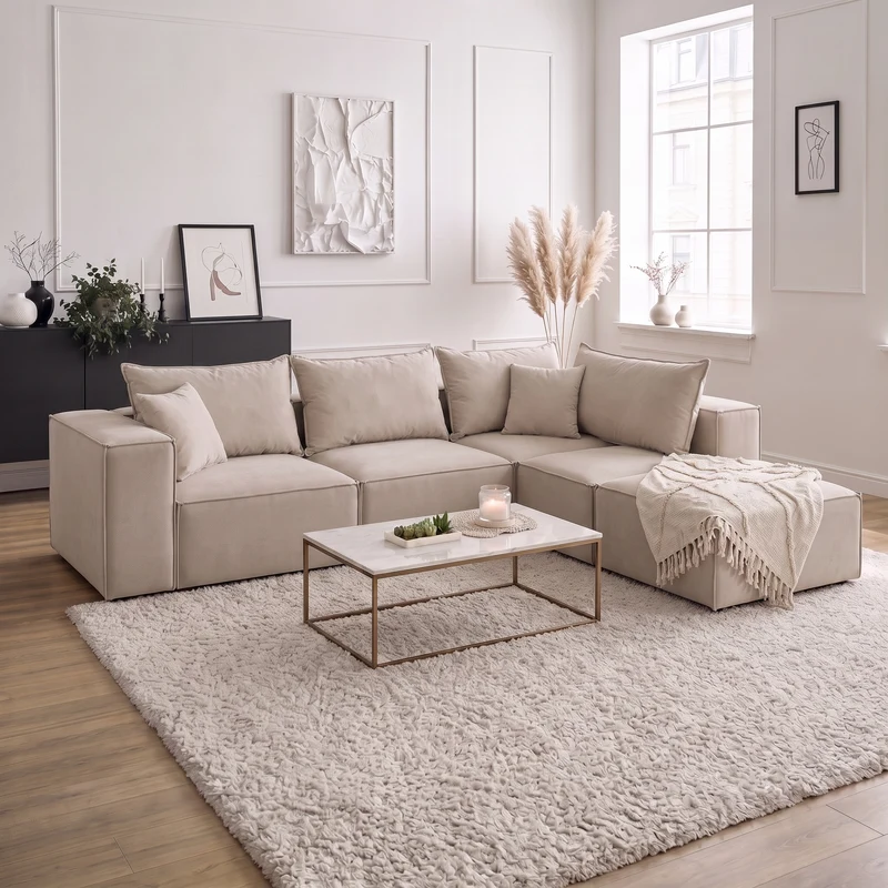 Canapé Modulable - Velours beige - 4 Places + 1 Pouf