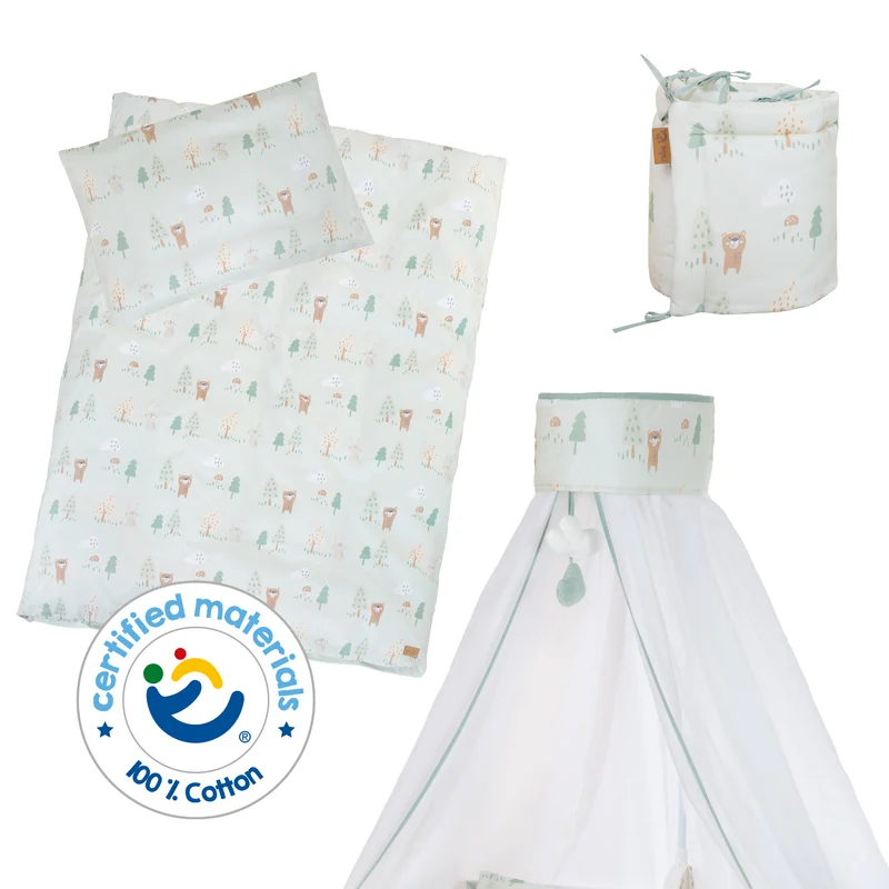 Kinderbettgarnitur 'Woodland Buddies' 4-teilig - Himmel, Nestchen & Bettwäsche - Pastellgrün