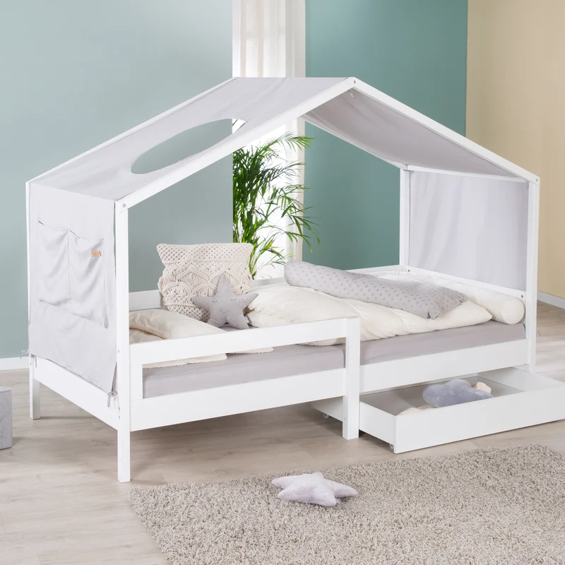 Hausbett 90 x 200 cm mit Seitengitter - Montessori Kinderbett - Holz weiß