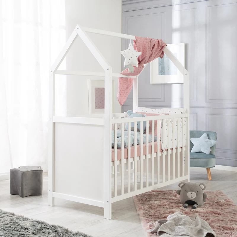 Hausbett 60 x 120 cm, FSC zertifiziert, weiß, 6-fach verstellbar, als Baby- & Beistellbett geeignet