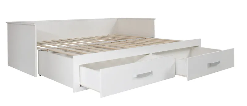 Tagesbett 'Moritz', zum Doppelbett ausziehbare, weiß, 2 Schubladen, Gästebett im Kinderzimmer