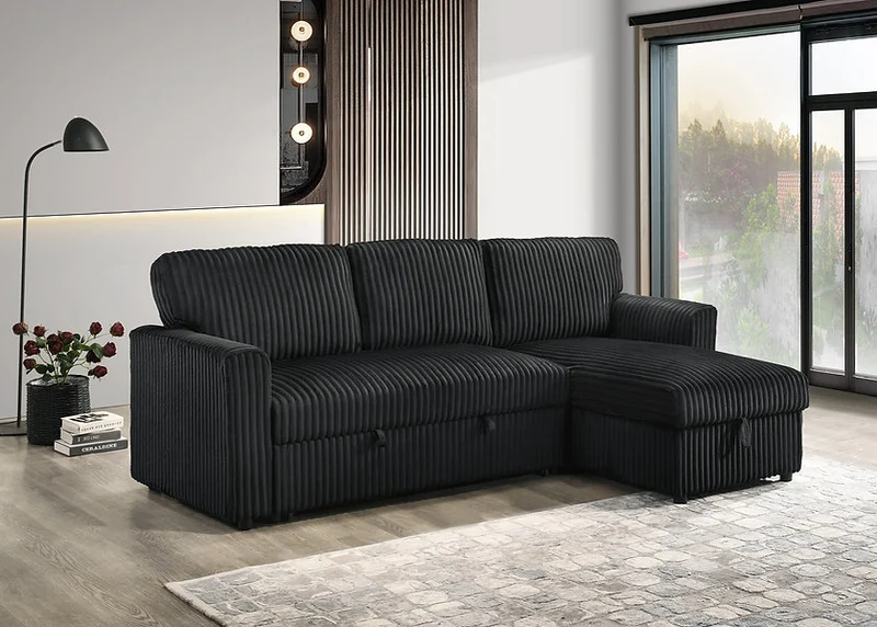 VELORIA NOIR™ – BLACK CORDUROY SOFA BED SECTIONAL – IF-9024