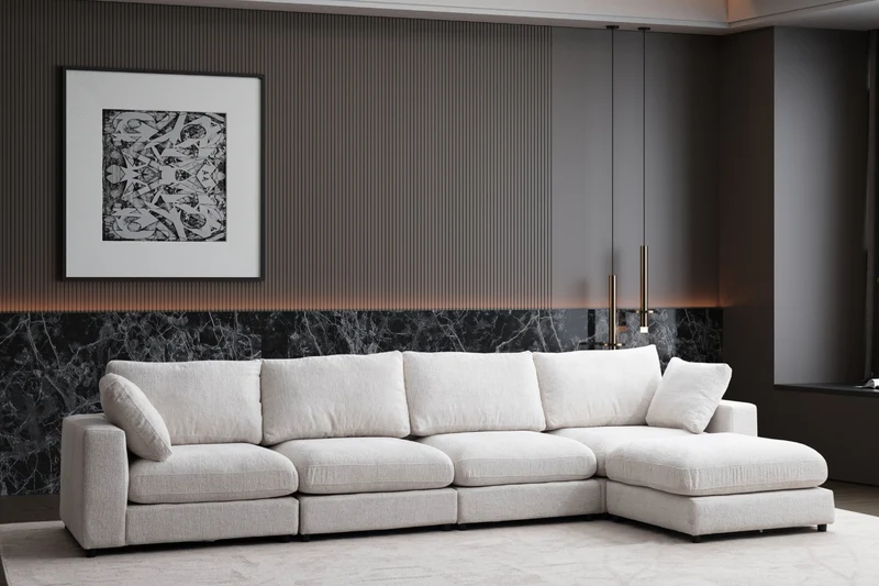 Canapé Julia Modulable Chenille Blanc cassé 4+1 Pouf