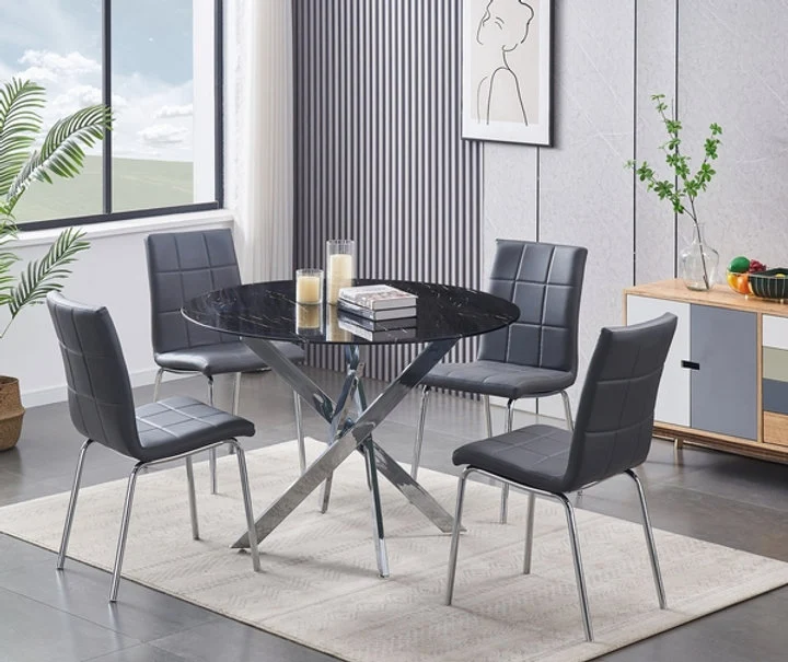 Round Black Marble Glass Dining Set with Chrome Legs – Model T-1446