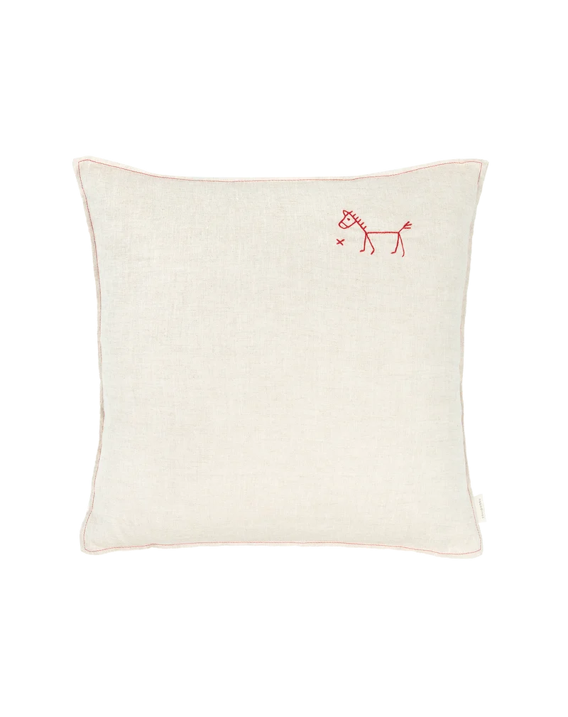 Embroidered square cushion in washed French linen L1N0