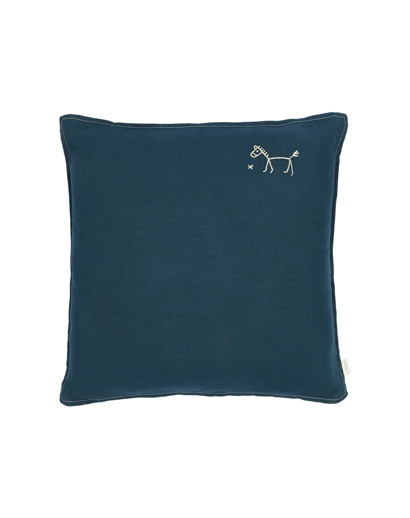 Embroidered square cushion in washed French linen L1N0