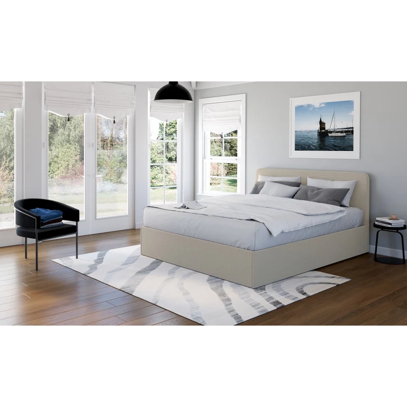 Lit coffre Louise en tissu beige avec sommier et tête de lit arrondie 160x200cm