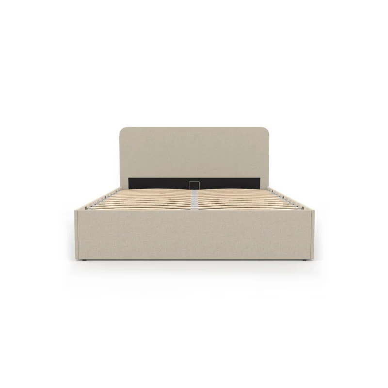 Lit coffre Louise en tissu beige avec sommier et tête de lit arrondie 160x200cm