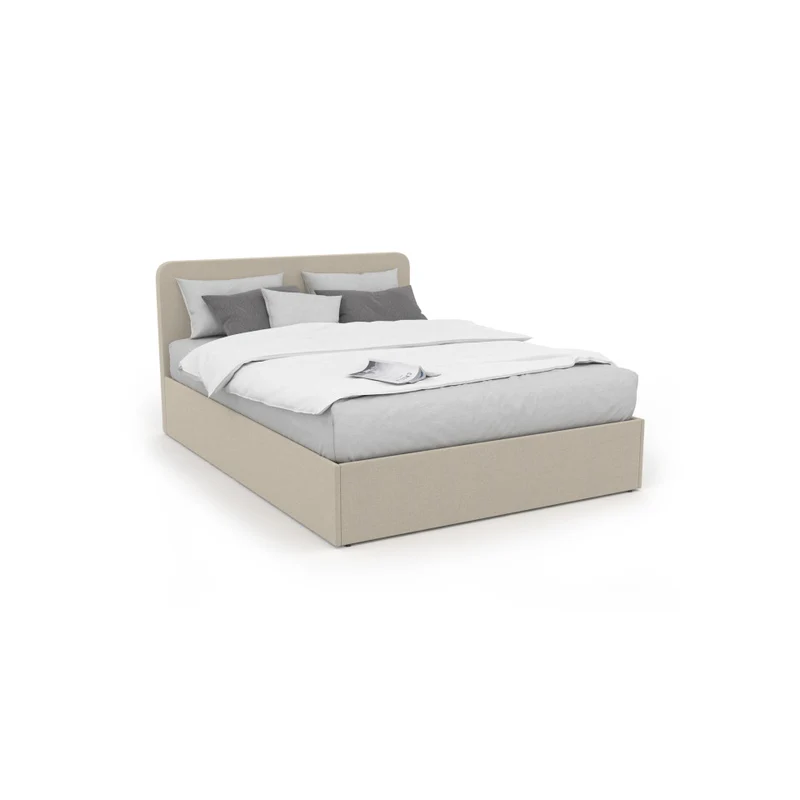 Lit coffre Louise en tissu beige avec sommier et tête de lit arrondie 160x200cm