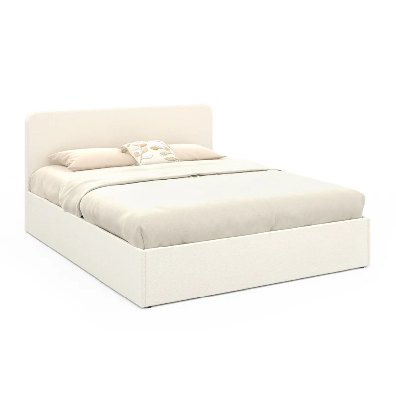 Lit coffre Louise en bouclette avec sommier et tête de lit arrondie 160x200cm Blanc crème