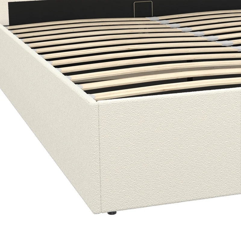 Lit coffre Louise en bouclette avec sommier et tête de lit arrondie 160x200cm Blanc crème