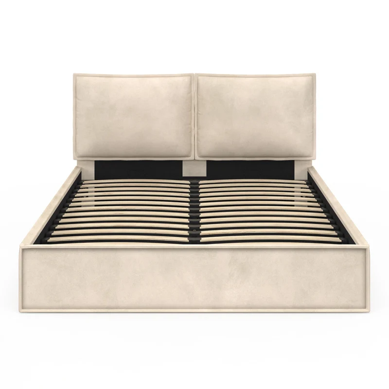 Lit coffre Lilou en velours beige avec sommier et tête de lit effet oreiller 160x200cm