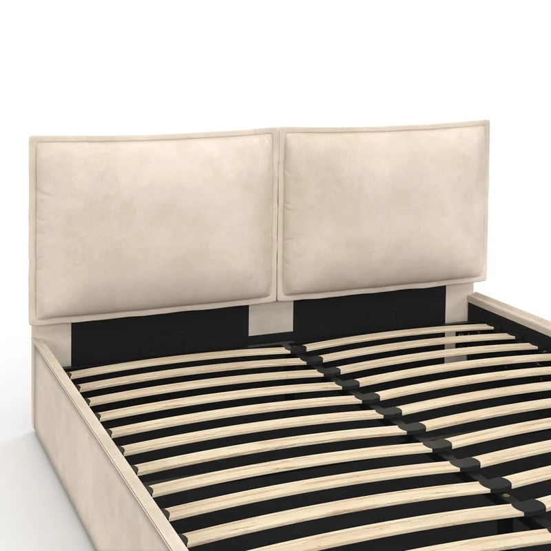 Lit coffre Lilou en velours beige avec sommier et tête de lit effet oreiller 160x200cm