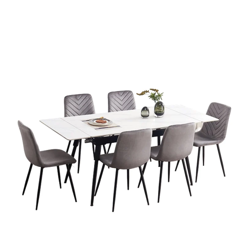 Modern Extension Dining Set with Chevron-Stitched Velvet Chairs – T-1818
