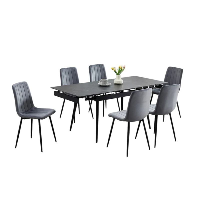 Black Sintered Stone Extension Dining Set with Velvet Chairs – T-1472