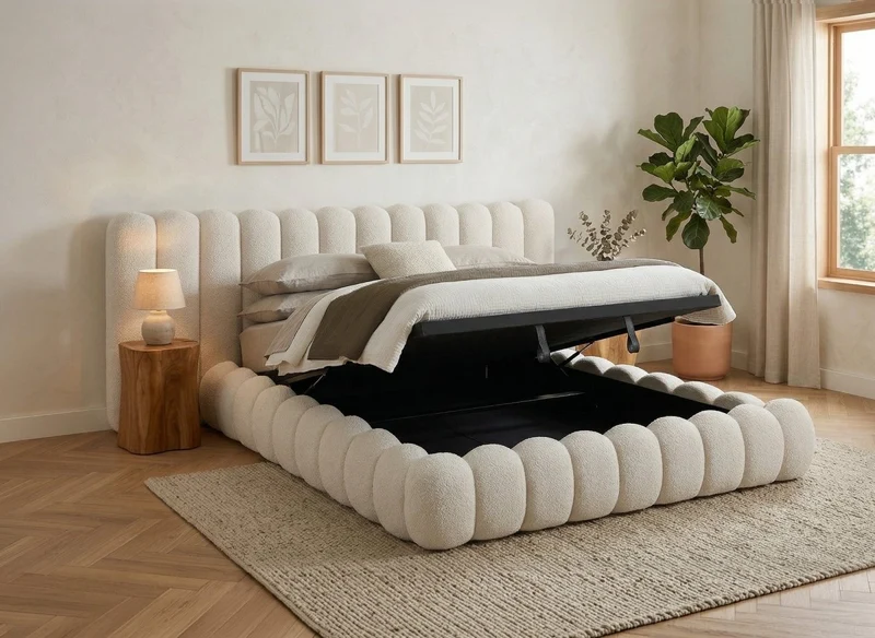 Lit coffre en tissu bouclette beige 160x200 cm GRETA