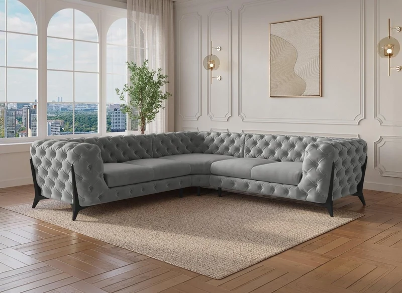 Canapé d'angle fixe capitonné chesterfield velours gris CARMEN