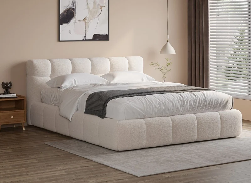 Lit double en tissu bouclette écru 160x200 cm GEORGINA