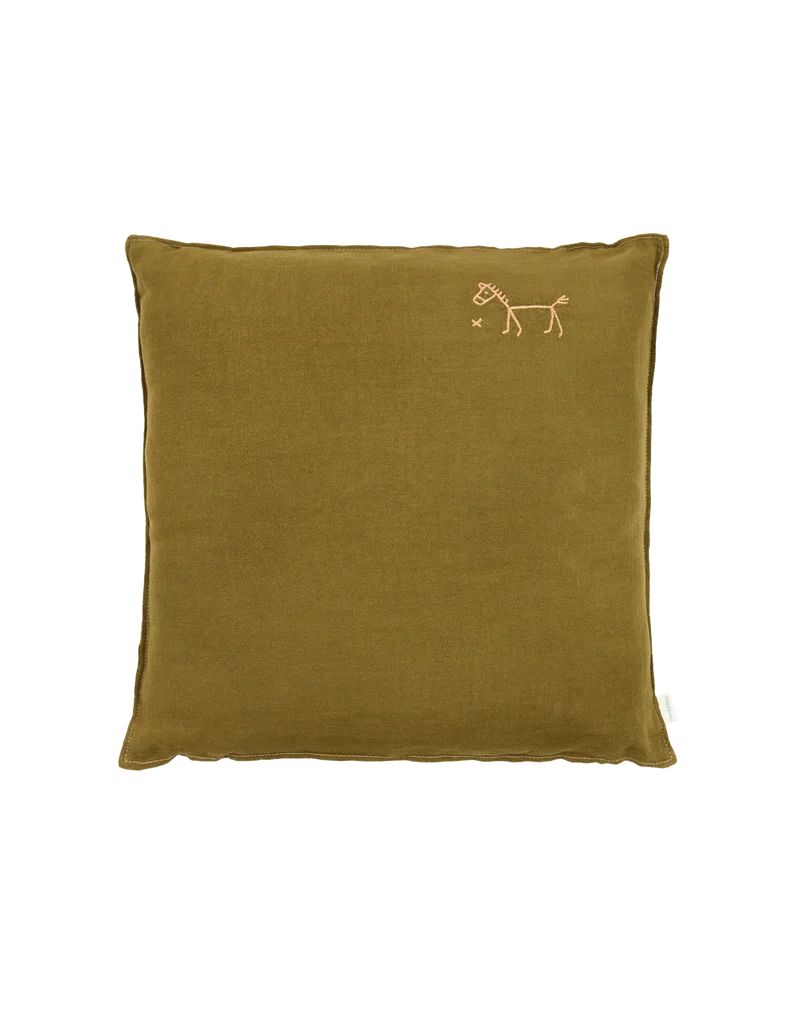 Embroidered square cushion in washed French linen L1N0