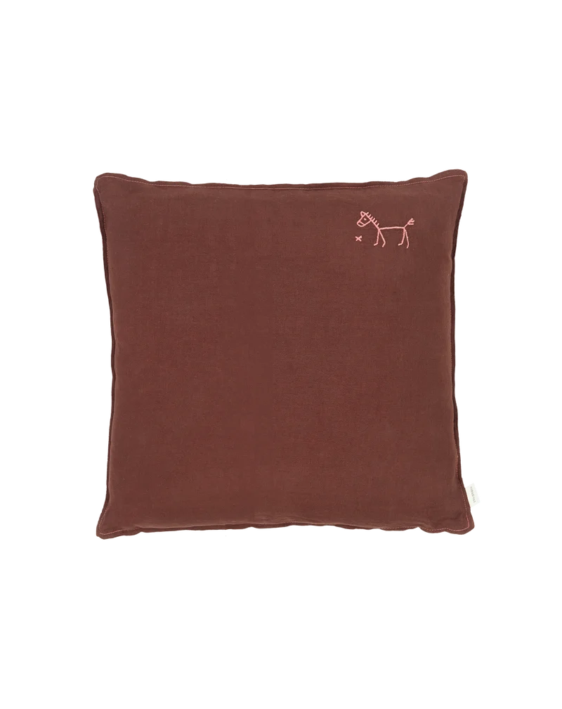 Embroidered square cushion in washed French linen L1N0