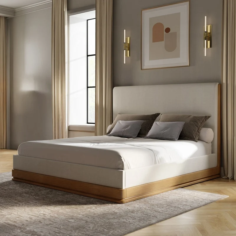 Yami Wood Detail Upholstered Platform Bed - Beige Oak