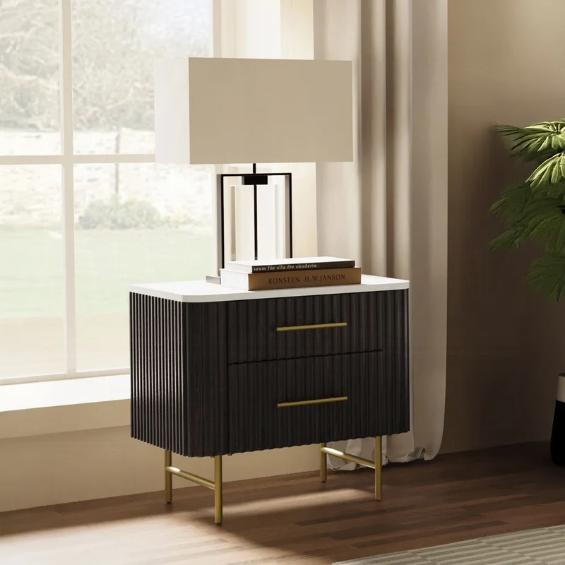 Laffery Luxury Chanel Detail Faux Marble Top Nightstand - Espresso