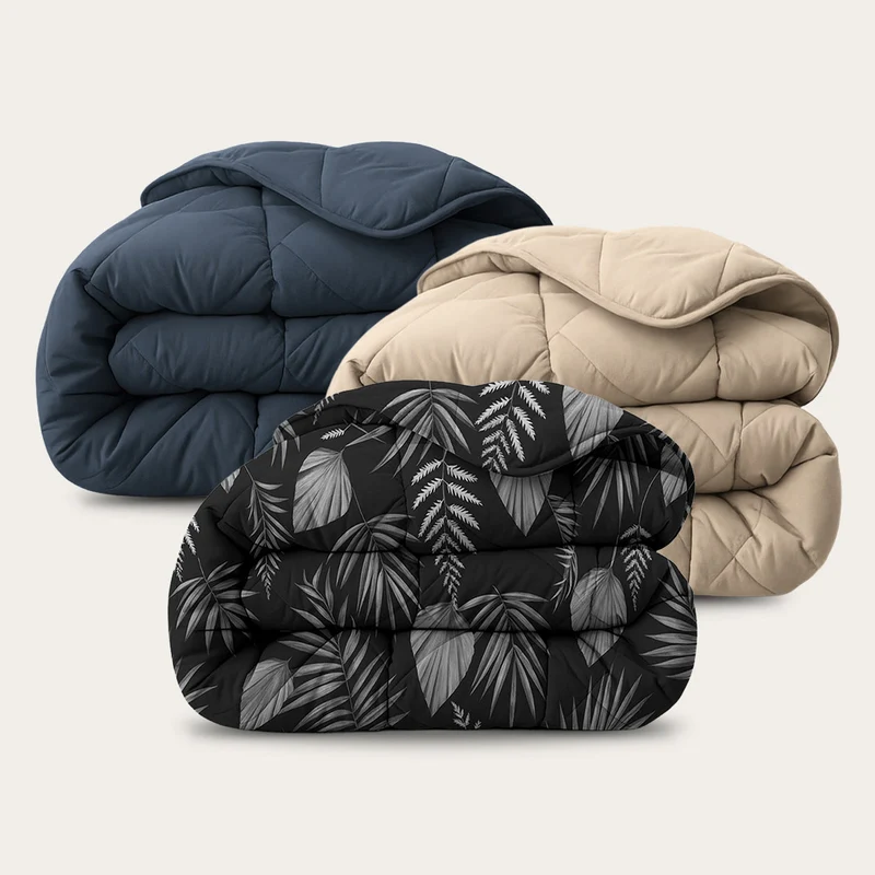 HappyBed Bestseller Bundel | All-Season Dekbed Taupe, Donkerblauw & Black Leaves